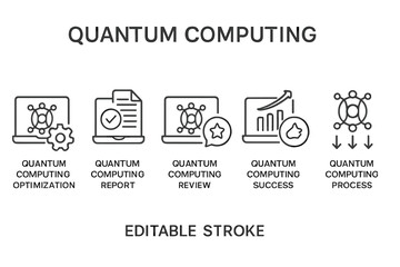 Poster - Vector icon set illustrating various aspects of quantum computing such as optimization, reports, reviews, success, and processes
