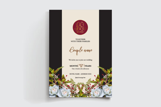 WEDDING INVITATION FRAME WITH FLOWER DECORATIONS AND FRESH LEAVES