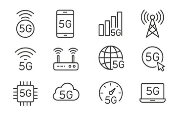 Poster - Vector icon set showcasing various elements of 5G technology in a modern digital context