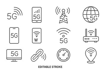 Poster - Vector icon set representing 5G technology and connectivity with various related symbols
