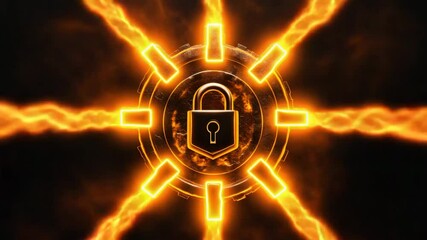 Poster - Digital lock spewing flames from fire disk on black background