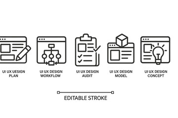 Poster - Vector icon set representing UI UX design processes including planning, workflows, audits, models, and concepts