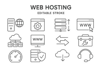 Poster - Web hosting vector icon set showcasing various aspects of online server management and connectivity solutions