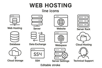 Poster - Vector icon set depicting web hosting and related technologies with various symbols representing key components