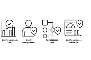 Poster - Quality assurance vector icon set featuring charts, management, plans, and dashboards for effective assessment