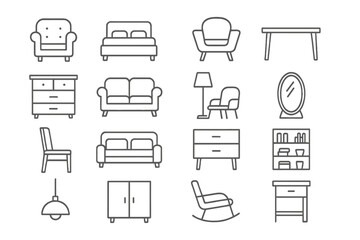 Poster - Modern vector icon set featuring various furniture items for interior design and decoration projects