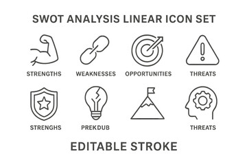 Poster - Vector icon set illustrating SWOT analysis with strengths, weaknesses, opportunities, and threats represented