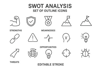 Poster - Vector icon set for SWOT analysis featuring strengths, weaknesses, opportunities, and threats outlines
