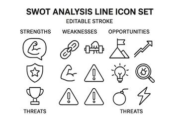 Poster - Vector icon set for SWOT analysis featuring strengths, weaknesses, opportunities, and threats in a cohesive design