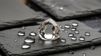 Aufkleber - Close-up of a crystal with polished facets on a wet slate slab with individual drops of