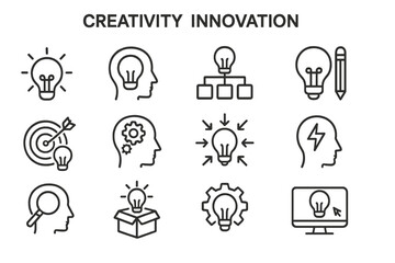 Poster - Vector icon set depicting creativity and innovation concepts featuring light bulbs, head silhouettes, and related symbols for brainstorming and ideas