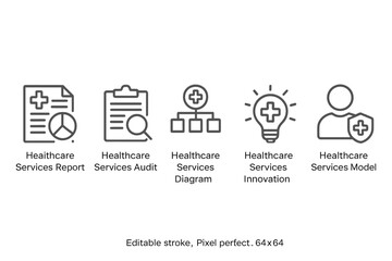 Poster - healthcare services vector icon set for reporting, auditing, diagramming, innovating, and modeling h