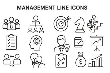 Poster - Vector icon set featuring management themes including teamwork, strategy, and performance metrics in a clean design