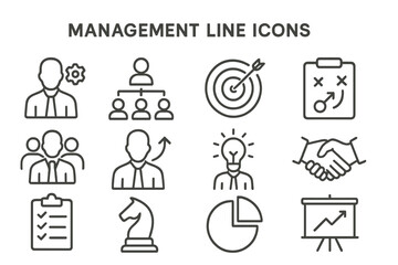 Poster - Vector icon set features management line icons showcasing leadership, strategy, teamwork, and project management concepts