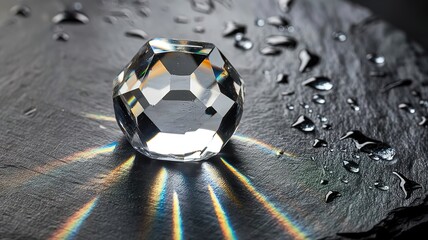 Aufkleber - Close-up of a crystal with polished facets on a wet slate slab with individual drops of