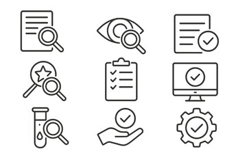 Poster - Vector icon set featuring research, verification, and analysis symbols in a clean design suitable for various applications