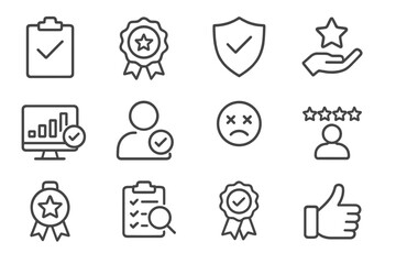 Poster - Vector icon set featuring quality assurance symbols, user icons, and performance metrics in a minimalist style