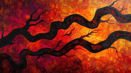 Poster - Abstract organic patterns resembling flowing lava, with rich reds, deep blacks, and glowing orange highlights.