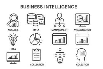 Poster - Vector icon set illustrating business intelligence concepts with data analysis, visualization, and management elements