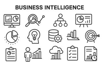 Poster - Vector icon set illustrating concepts related to business intelligence with various graphical elements and symbols for data analysis