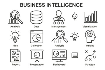 Poster - Business intelligence vector icon set showcasing analysis, data management, and visualization concepts for effective strategy development
