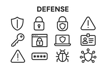 Poster - Collection of vector icons depicting various elements related to defense, security, and protection measures in technology