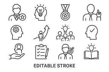 Poster - Vector icon set featuring business concepts, innovation, achievement, and teamwork elements in a modern design style