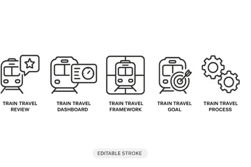 Aufkleber - collection of vector icons representing various aspects of train travel including review, dashboard,