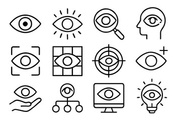 Poster - Vector icon set featuring various eye designs, symbols, and concepts for vision, observation, and insight