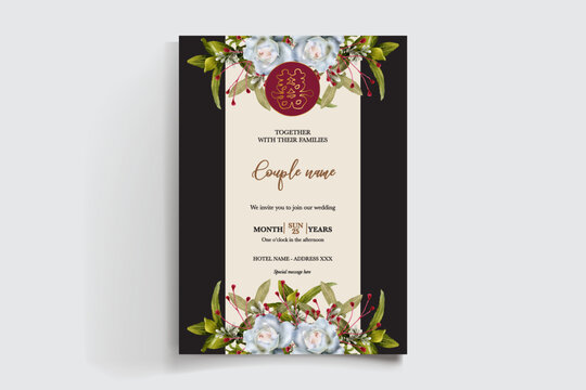 WEDDING INVITATION FRAME WITH FLOWER DECORATIONS AND FRESH LEAVES