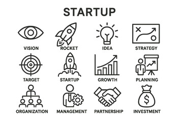 Poster - Collection of vector icons representing startup concepts, including vision, growth strategy, and investment approaches for entrepreneurs