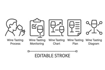 Poster - Wine tasting vector icon set showcasing process, monitoring, charts, plans, and diagrams for enthusiasts and professionals