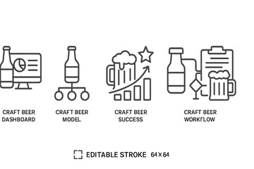 Poster - Collection of craft beer vector icons illustrating dashboard, model, success, and workflow concepts for brewing enthusiasts