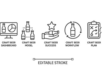 Poster - Craft beer vector icon set featuring dashboard, model, success, workflow, and plan elements for visual presentation and organization