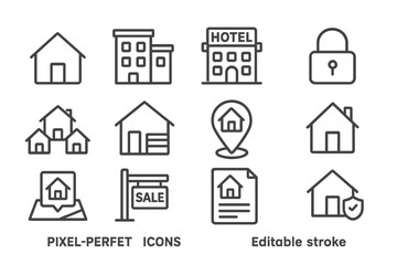 Poster - Vector icon set featuring various building and security symbols for versatile design needs