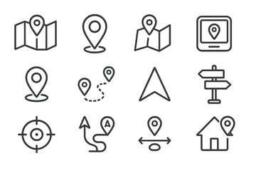 Poster - Vector icon set featuring navigation elements, maps, and location markers for various applications