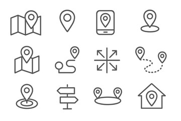 Poster - Vector icon set featuring location markers, maps, navigation symbols, and mobile devices for travel and mapping applications