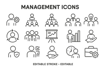 Poster - Management icon set featuring various symbols related to leadership, teamwork, strategy, and analysis for business applications