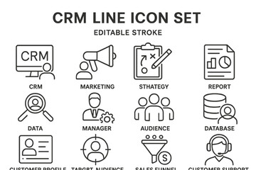 Poster - Vector icon set featuring CRM concepts including marketing, strategy, and customer engagement elements