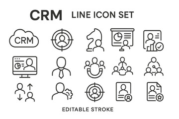 Poster - Comprehensive line icon set for customer relationship management tools featuring diverse business concepts and activities