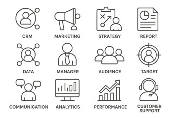 Poster - Diverse vector icon set depicting business, marketing, and management concepts for strategic planning and communication