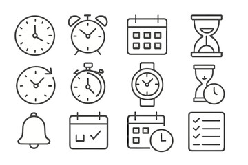 Poster - Vector icon set depicting various time-related elements including clocks, calendars, and timers for scheduling and organization tasks