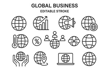 Poster - Vector icon set showcasing global business concepts including analytics, communication, and teamwork