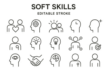 Poster - Vector icon set showcasing various soft skills in a minimalistic design suitable for educational and professional use in various settings