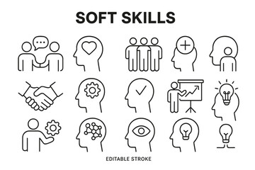 Poster - Soft skills vector icon set showcasing effective communication, teamwork, problem solving, and creativity in various settings