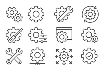 Poster - Vector icon set featuring gears, tools, and symbols for engineering, technology, and productivity represented in a clean design