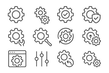 Poster - Vector icon set showcasing various gear symbols used for settings, configurations, and adjustments in user interfaces