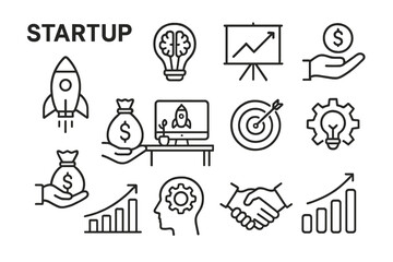Poster - Vector icon set featuring symbols of startups, business growth, and innovation for creative projects and design