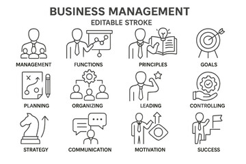Poster - Explore a vector icon set that illustrates essential concepts in business management, including leadership, strategy, and success principles