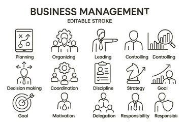 Poster - Vector icon set depicting business management concepts including planning, leadership, and decision making in a minimalist style